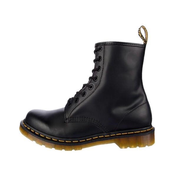 Dr. Martens Shoes - Dr. Martens Black Leather Combat Boots with Yellow Stitching